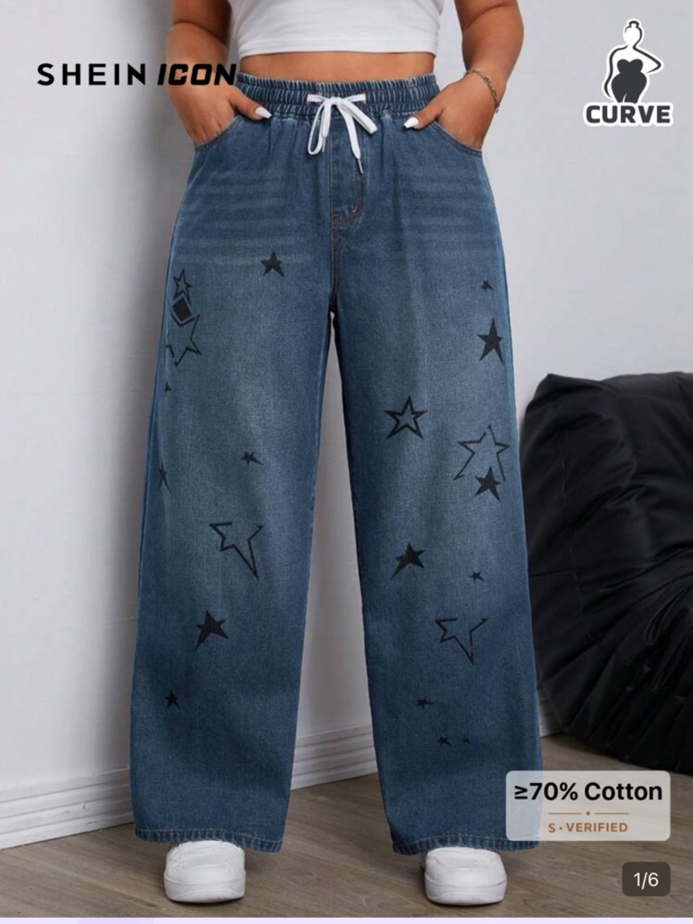Curve Blue Star-Print Wide Leg Jeans